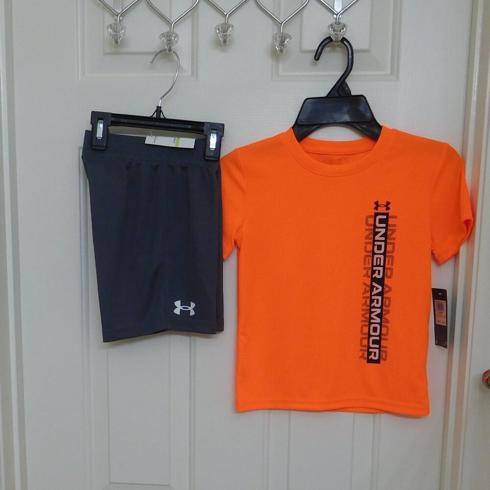 NWT 2pc Under Armour Blaze Orange Shirt & Gray Shorts Set sz 4